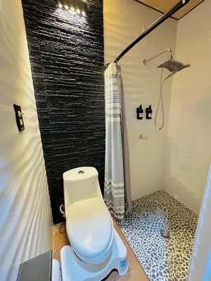 a bathroom with a toilet and a shower at Enjoy Your Vacation at Tone'y House in Chalchuapa