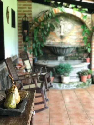 a table with pears on it in a room with a fountain at Casa Degraciela - Hotel Boutique in Concepción de Ataco