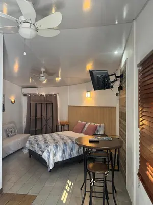 a bedroom with a bed and a table and a tv at INGRID LOFTS in La Unión