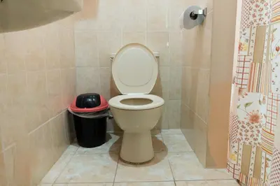 a bathroom with a toilet and a trash can at Hostal Delmy in Suchitoto