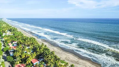 an aerial view of a beach with trees and the ocean at San Diego Beach House, near La Lib and Surf City in La Libertad