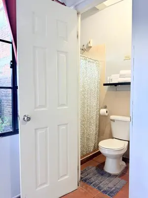 a bathroom with a toilet and a white door at Los Portones de Ataco in Concepción de Ataco
