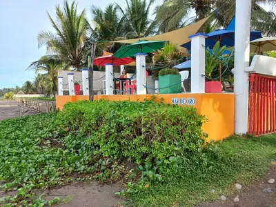 a hedge in front of a building with umbrellas at MARDEORO BEACH HOUSE in Barra de Santiago