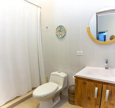 a bathroom with a toilet and a sink and a mirror at Ayanna Beach Front in La Libertad