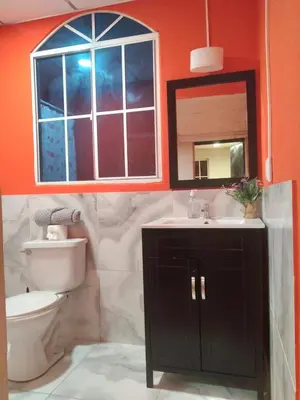 a bathroom with a toilet and a sink and a mirror at Casa Topacio 1 in Santa Ana