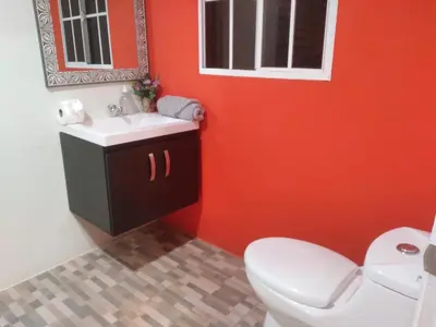 a bathroom with a white toilet and a red wall at Casa Topacio 1 in Santa Ana