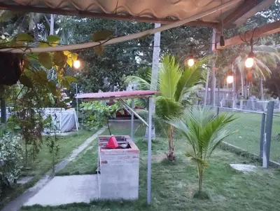 a garden with a table and a palm tree at Casa Jaragua in Barra de Santiago