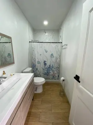 a bathroom with a shower and a toilet and a sink at Casa Francisca in Alegría