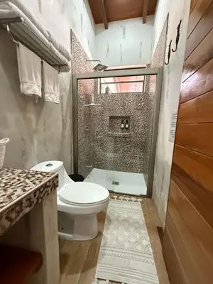 a bathroom with a toilet and a shower at 1 Family Pool Villa BBQ PARKING EL SUNZAL Surf City Area in El Sunzal