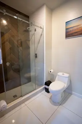 a bathroom with a toilet and a glass shower at Hotel Mar Azul in Playa Negra
