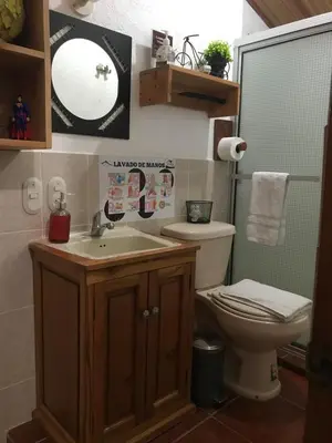a bathroom with a toilet and a sink and a mirror at Hostal Santa Clara B&B in Apaneca