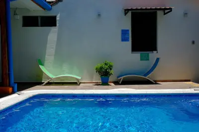 a swimming pool with two chairs and a potted plant at Hostal Casa Verde in Santa Ana