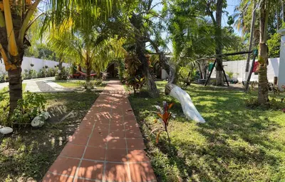 a brick path in a park with palm trees at Cielo Azul in La Libertad