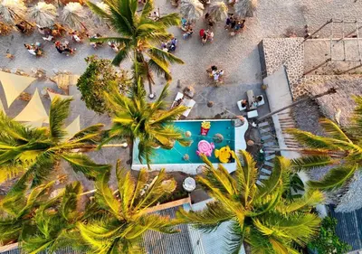 an overhead view of a beach with palm trees and a pool at Barú in La Libertad