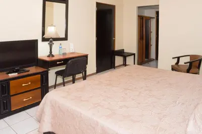 a bedroom with a bed and a desk and a television at Hotel Tropico Inn in San Miguel