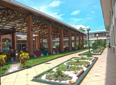 a courtyard with a garden in front of a building at Hotel Tropico Inn in San Miguel