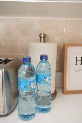 two bottles of water sitting on top of a counter at Modern Townhouse AC Wi-Fi full equipped Private in Santa Ana