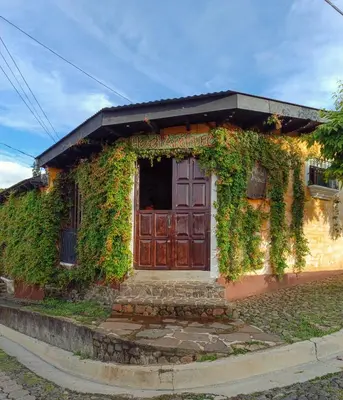 a building covered in ivy with a wooden door at Hotel Anáhuac in Juayúa