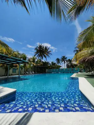 a large swimming pool with palm trees and blue tiles at Coconut village in El Zapote