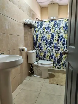 a bathroom with a toilet and a shower curtain at Coconut village in El Zapote
