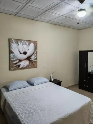 a bedroom with a bed and a painting on the wall at Coconut village in El Zapote