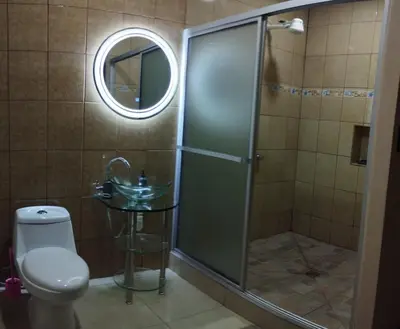 a bathroom with a shower with a toilet and a mirror at Vacacional Abril in Juayúa