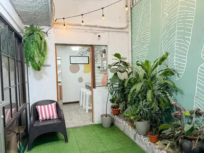 a room with plants and a chair on a green floor at Casa 46 - Escalon in San Salvador