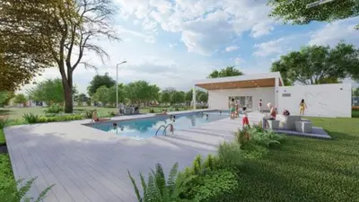 a rendering of a swimming pool in a park at Casa Málaga en San Miguel, El Salvador in San Miguel