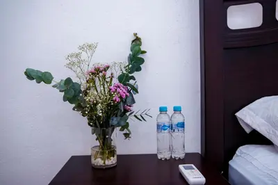 two bottles of water and a vase with flowers on a table at Hacienda Rubí Club & Resort in San Miguel