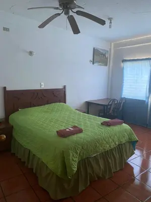 a bedroom with a green bed with a ceiling fan at Hotel Inn El Guanaco in San Miguel