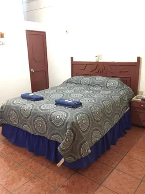 a bedroom with a bed with blue pillows on it at Hotel Inn El Guanaco in San Miguel