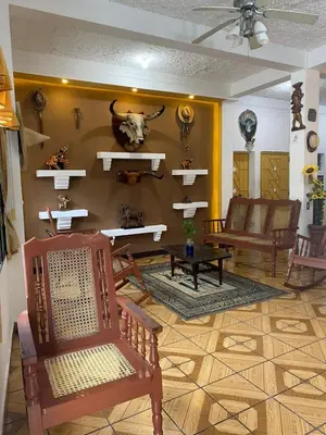 a living room with two chairs and a cow skull on the wall at Hotel Inn El Guanaco in San Miguel