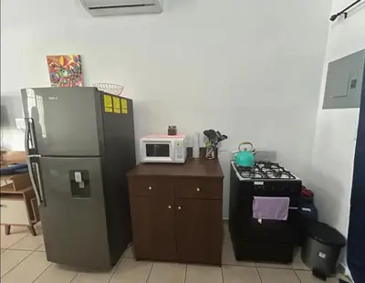 a kitchen with a refrigerator and a stove and a microwave at Gabby House in Sitio del Niño