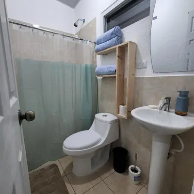 a bathroom with a toilet and a sink and a shower at Apartamento Familiar in Santa Ana