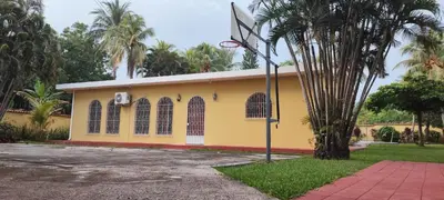 a yellow building with a palm tree in front of it at El Paraíso Escondido in San Luis