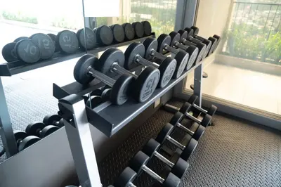 a row of dumbbells in a gym at Condo 9, San Francisco Tower in San Salvador