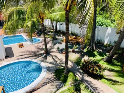 an overhead view of a swimming pool with palm trees at The Beach Break Hotel El Cocal in Playa San Blas