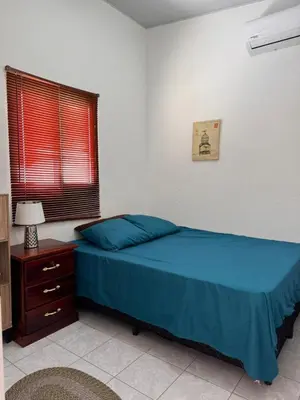 a bedroom with a bed with blue sheets and a night stand at Tu Hogar Encantado Casa Entera con dos Habitaciones in San Miguel