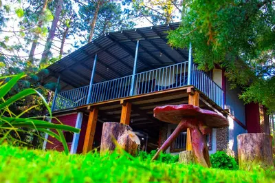 a house with a balcony on top of it at Lacasadelbosquesv in Río Chiquito