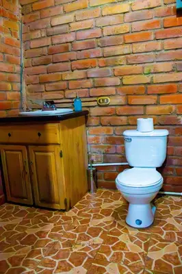 a bathroom with a toilet and a brick wall at Lacasadelbosquesv in Río Chiquito