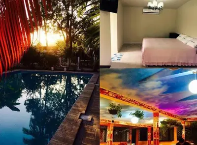 a collage of pictures of a bedroom and a swimming pool at Rincon del mar in La Libertad