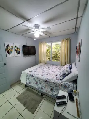a bedroom with a bed and a television in it at Casita Jardin in San Salvador