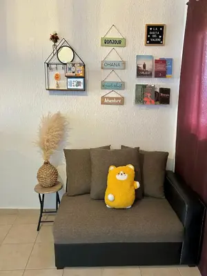 a couch in a living room with a yellow pillow at La Casita del Viajero in Santa Ana