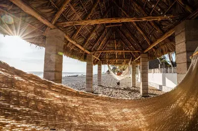 a hammock on a beach with the ocean in the background at Cabo in Las Hojas