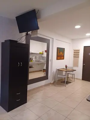 a room with a mirror and a dresser with a tv on top at Charlys Place in San Salvador