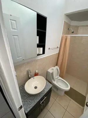 a bathroom with a sink and a toilet and a mirror at Ecoterra villas del sol in Comecayo