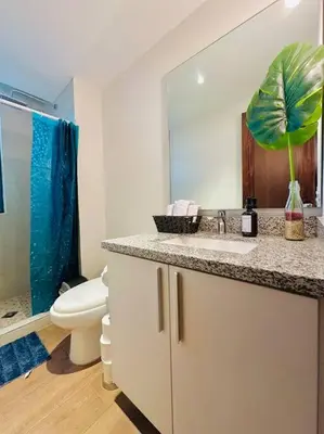 a bathroom with a sink and a toilet and a mirror at Tower View 360º in San Salvador