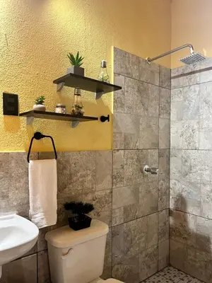 a bathroom with a shower and a toilet and a sink at La Casita in Santa Ana