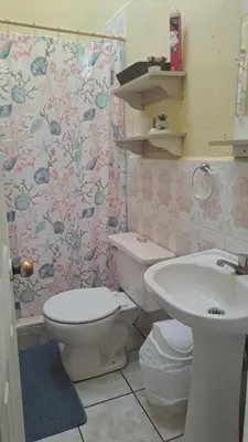 a bathroom with a toilet and a sink at bonita casa pequeña in Santa Ana