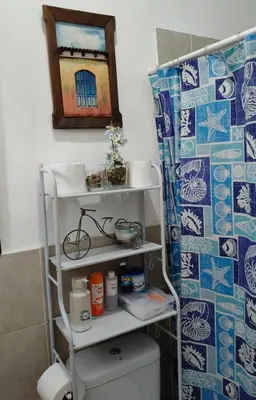 a bathroom with a shelf above a toilet and a shower at Lofts #9 & #6 Surf EcoVilla Playa El Sunzal in El Sunzal